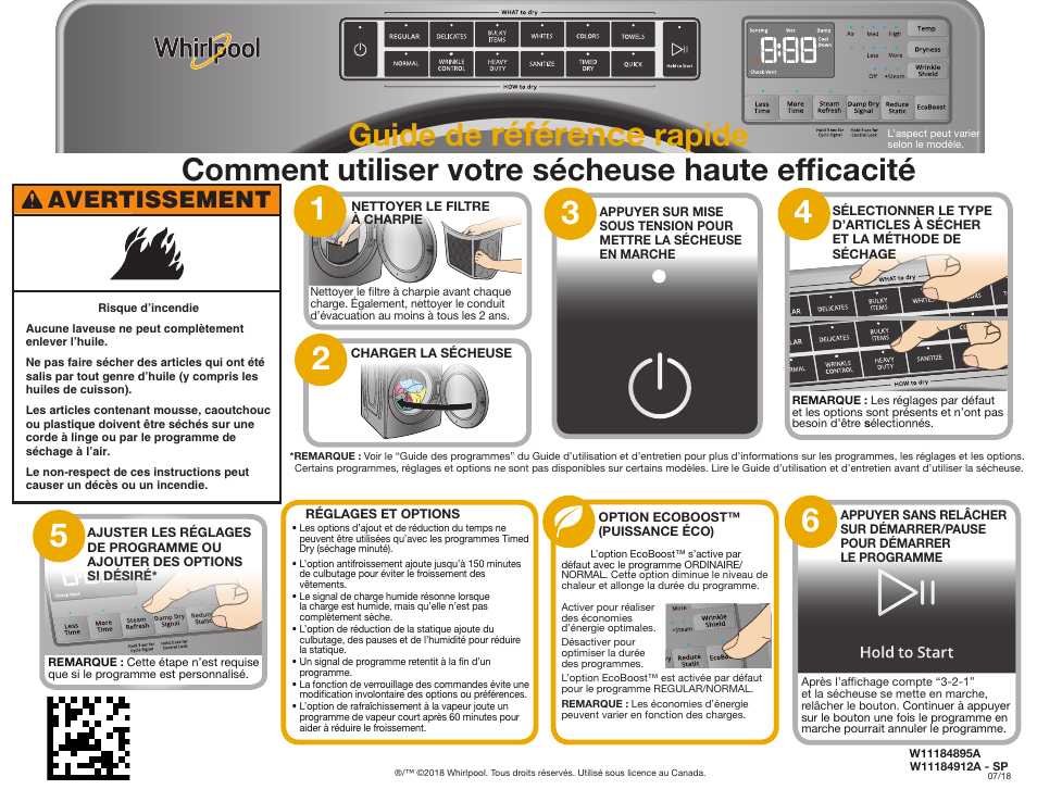 Référence, Guide de, Avertissement | Whirlpool 27 Inch Electric Dryer Quick Start Guide User Manual | Page 2 / 2