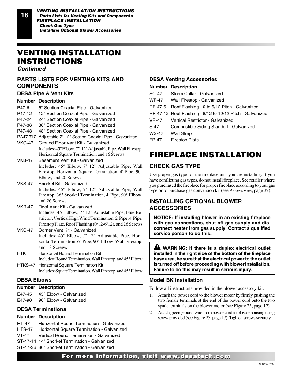 Venting installation instructions, Fireplace installation, Continued | Desa (V)T36NA SERIES User Manual | Page 16 / 38