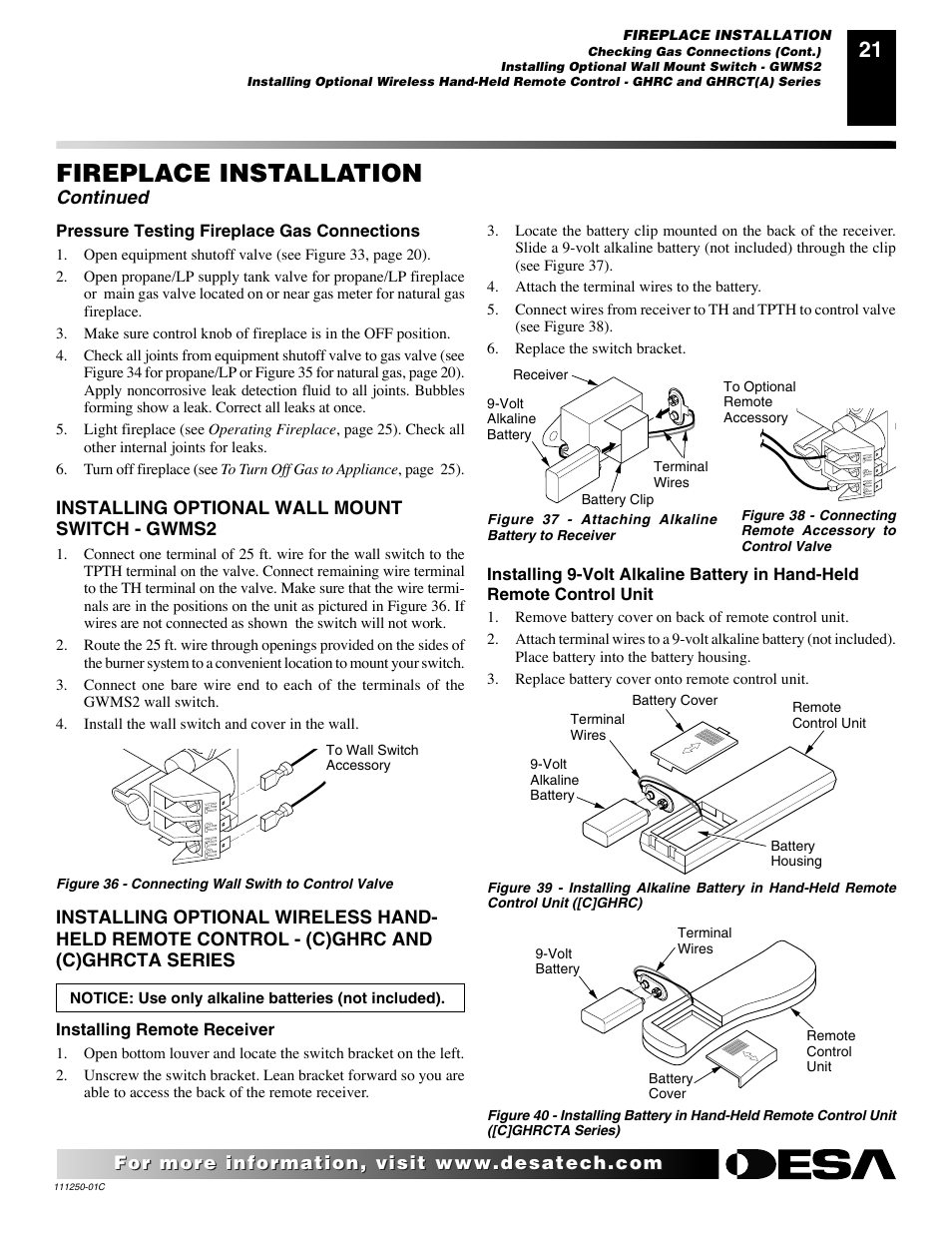 Fireplace installation, Continued | Desa (V)T36NA SERIES User Manual | Page 21 / 38