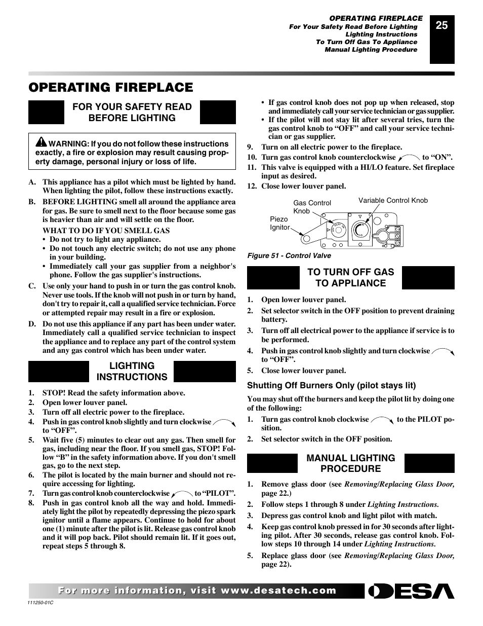 Operating fireplace, Manual lighting procedure | Desa (V)T36NA SERIES User Manual | Page 25 / 38