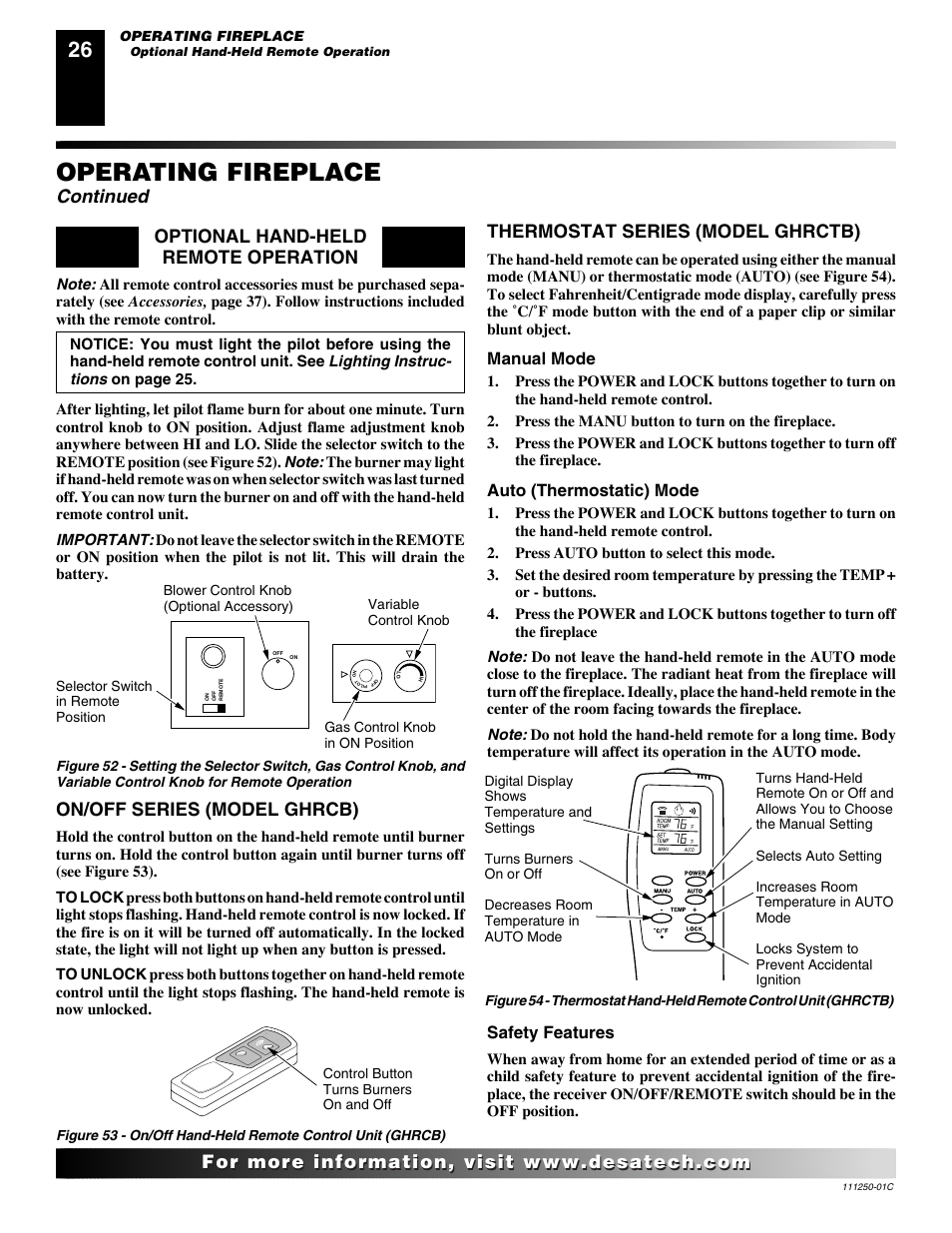 Operating fireplace, Continued, On/off series (model ghrcb) | Thermostat series (model ghrctb), Optional hand-held remote operation, Manual mode, Auto (thermostatic) mode, Safety features | Desa (V)T36NA SERIES User Manual | Page 26 / 38