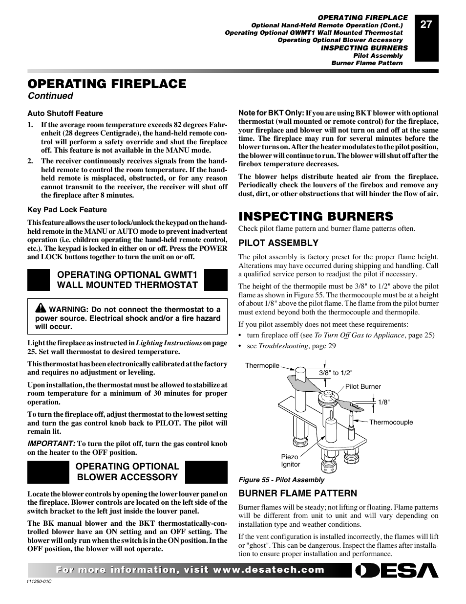 Operating fireplace, Inspecting burners, Continued | Desa (V)T36NA SERIES User Manual | Page 27 / 38