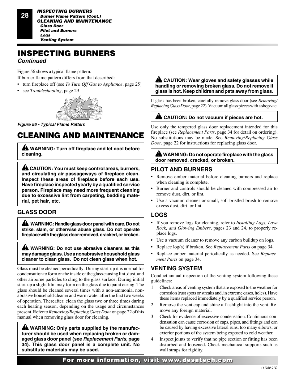 Cleaning and maintenance, Inspecting burners | Desa (V)T36NA SERIES User Manual | Page 28 / 38