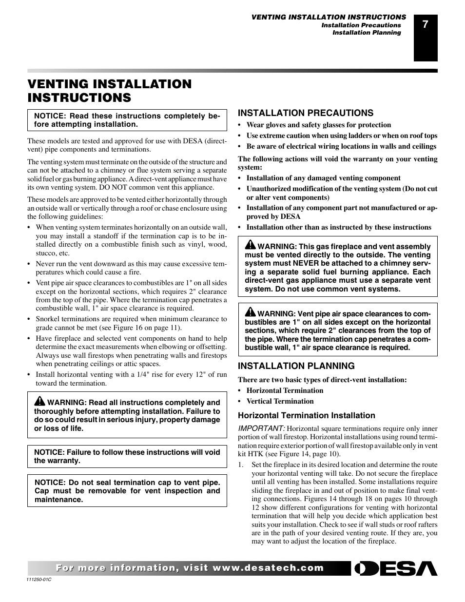 Venting installation instructions | Desa (V)T36NA SERIES User Manual | Page 7 / 38