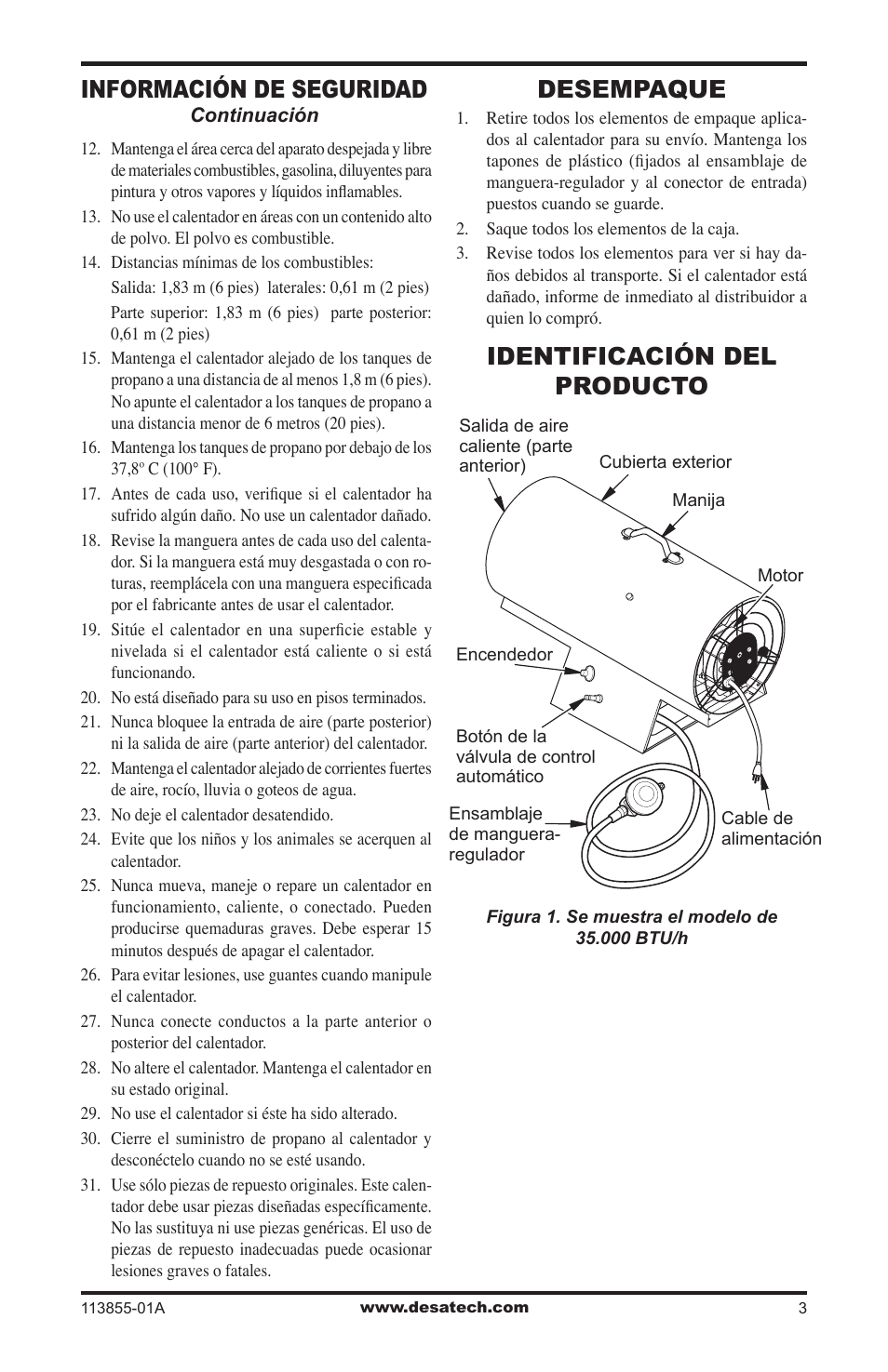 Desempaque, Identificación del producto, Información de seguridad | Desa RLP155AT User Manual | Page 17 / 44