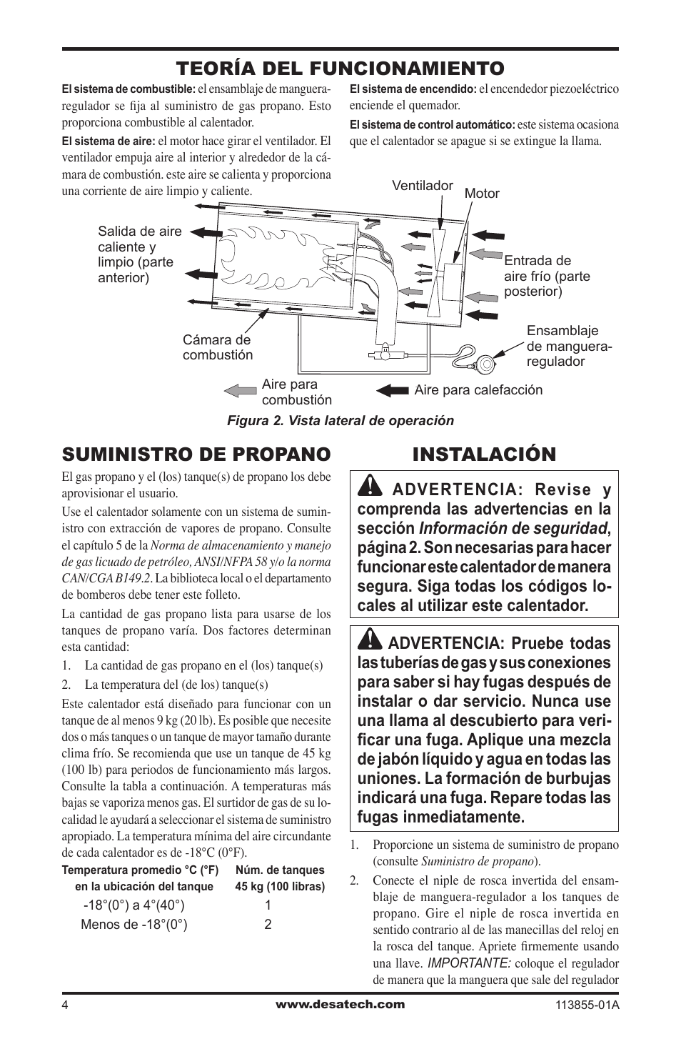 Teoría del funcionamiento, Suministro de propano, Instalación | Desa RLP155AT User Manual | Page 18 / 44