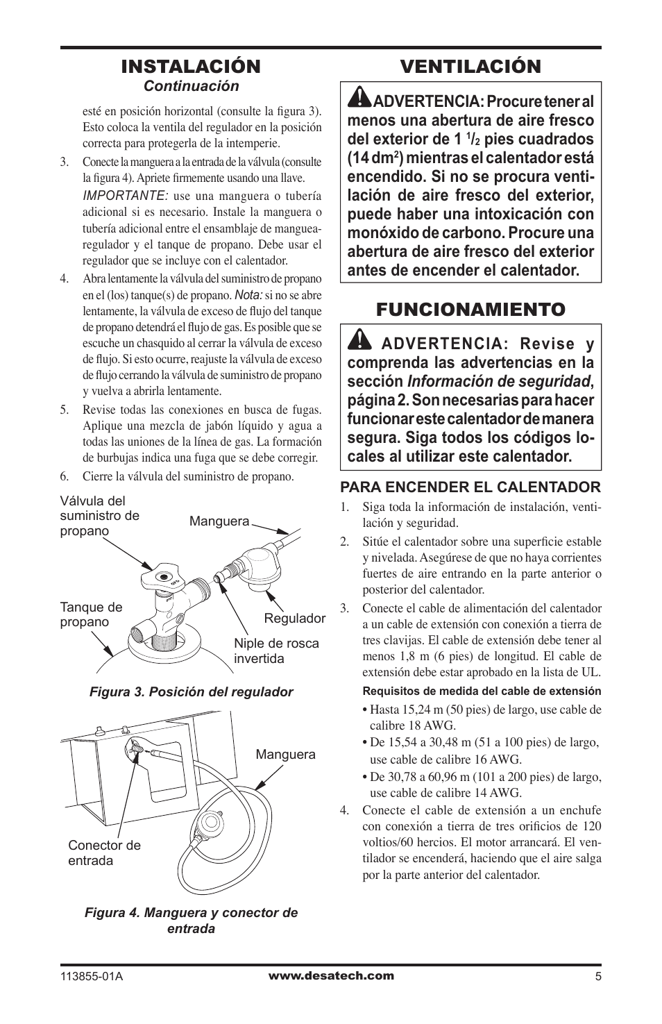 Ventilación, Funcionamiento, Instalación | Pies cuadrados (14 dm | Desa RLP155AT User Manual | Page 19 / 44