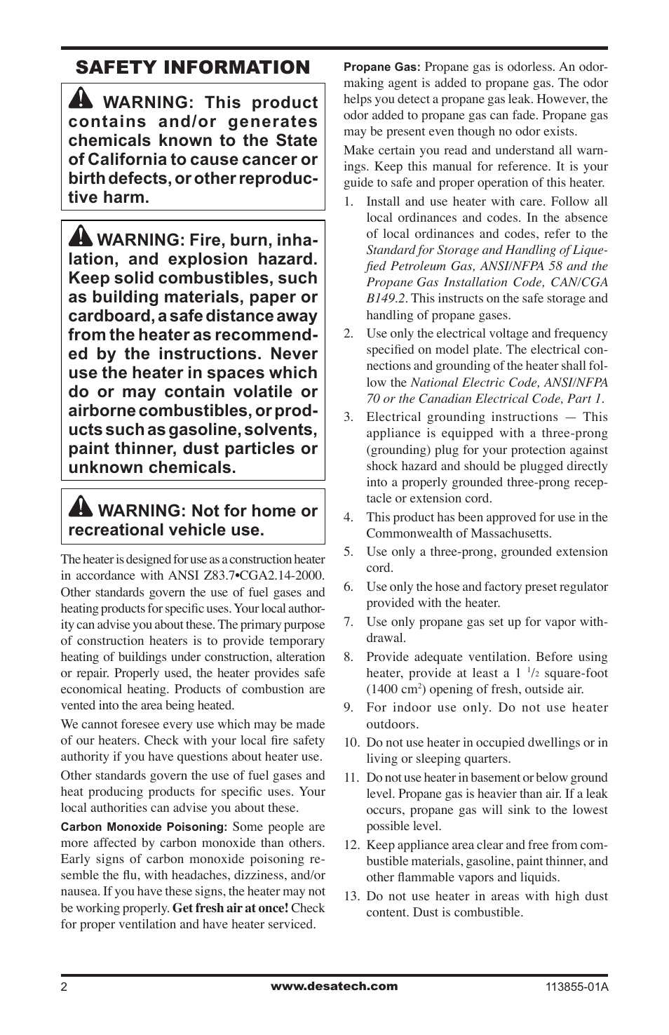 Safety information | Desa RLP155AT User Manual | Page 2 / 44