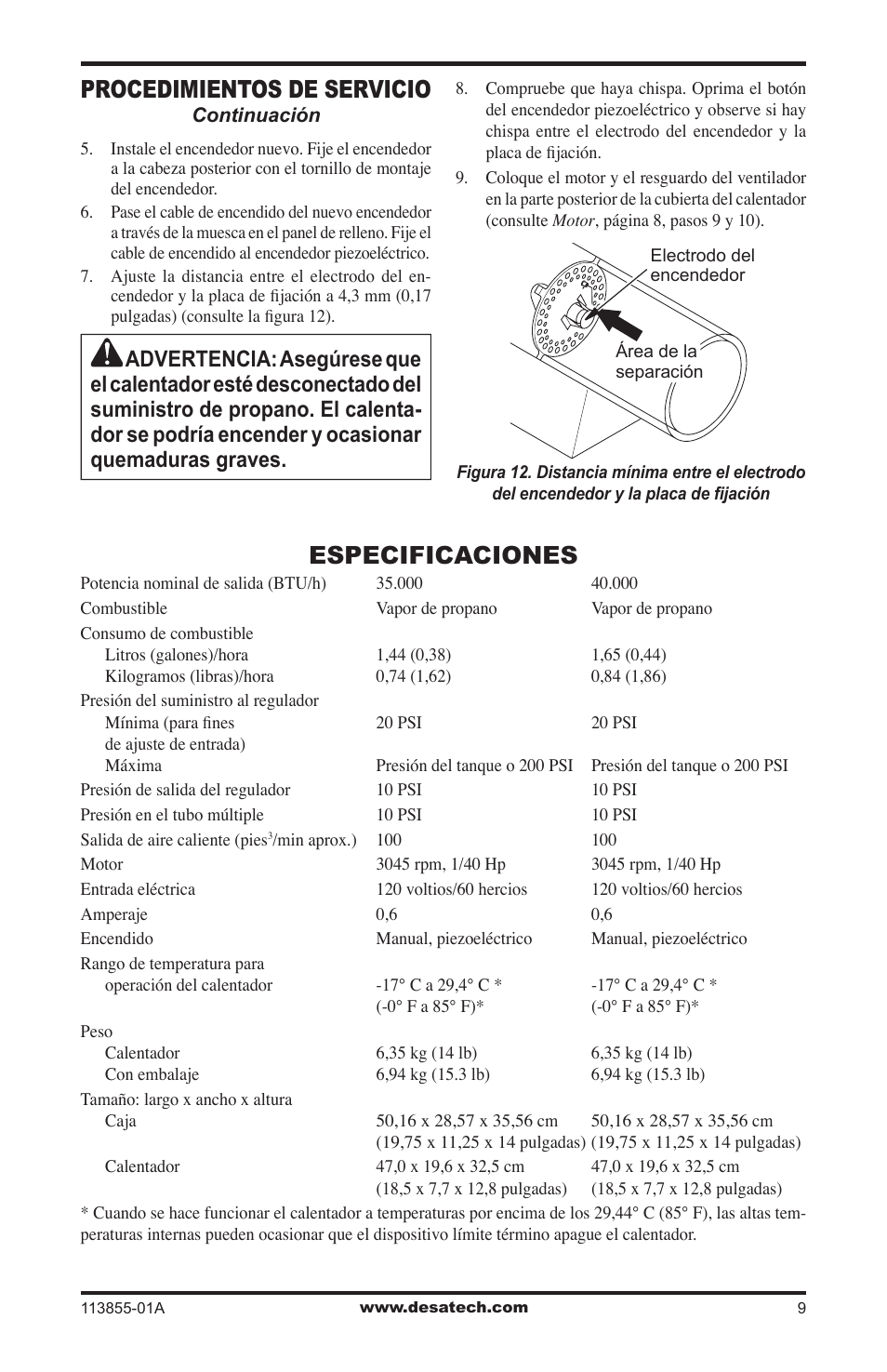 Especificaciones, Procedimientos de servicio | Desa RLP155AT User Manual | Page 23 / 44