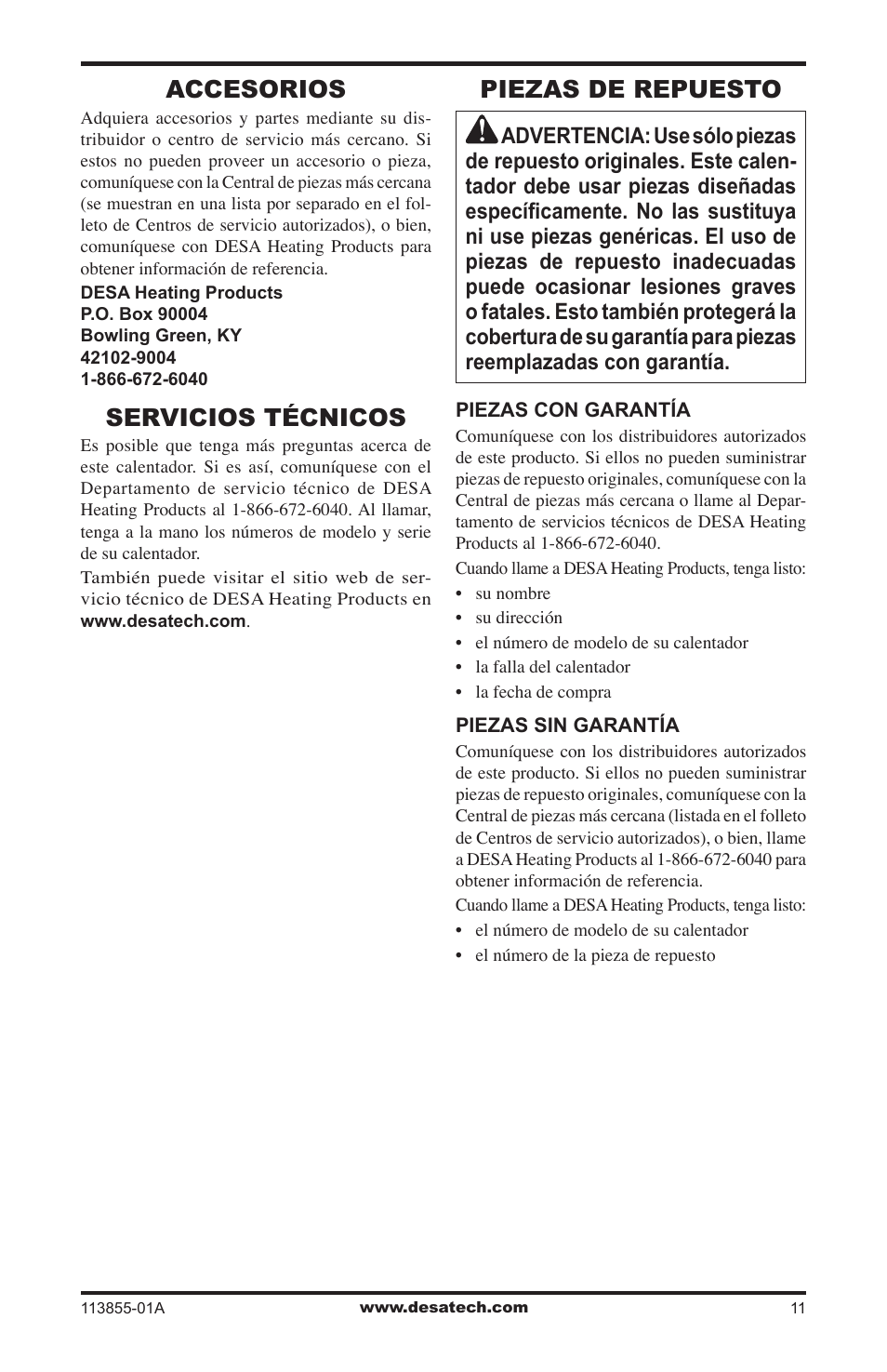 Accesorios, Servicios técnicos, Piezas de repuesto | Desa RLP155AT User Manual | Page 25 / 44