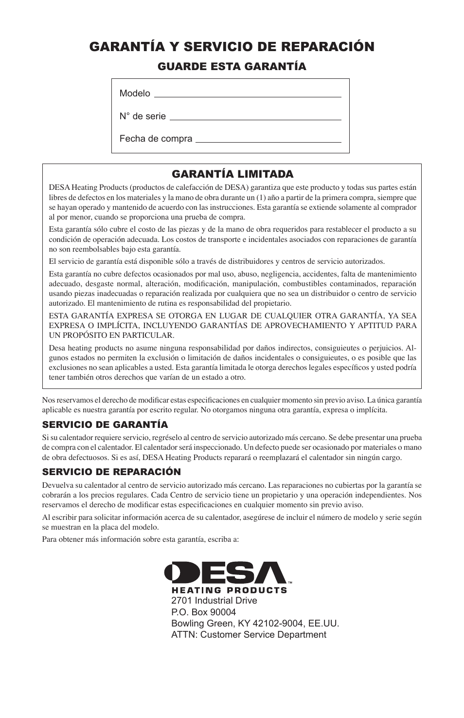 Garantía y servicio de reparación, Garantía limitada, Guarde esta garantía | Desa RLP155AT User Manual | Page 28 / 44