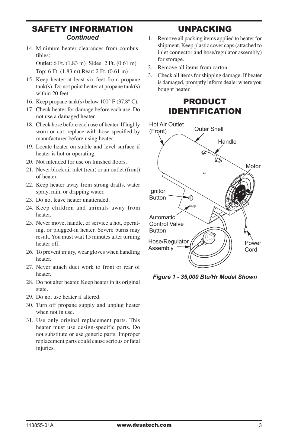 Unpacking, Product identification, Safety information | Desa RLP155AT User Manual | Page 3 / 44