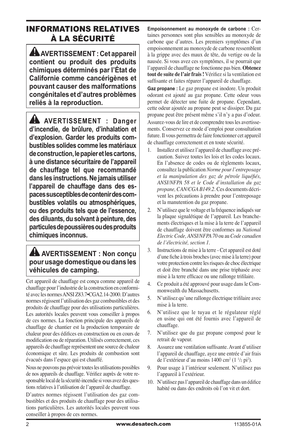 Informations relatives à la sécurité | Desa RLP155AT User Manual | Page 30 / 44