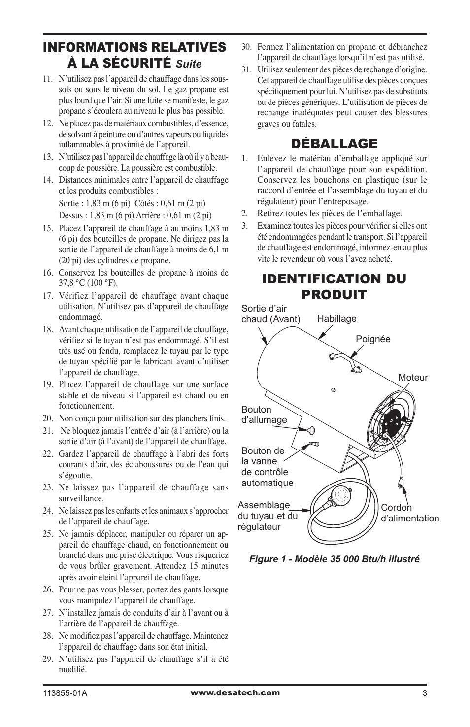 Déballage, Identification du produit, Informations relatives à la sécurité | Desa RLP155AT User Manual | Page 31 / 44