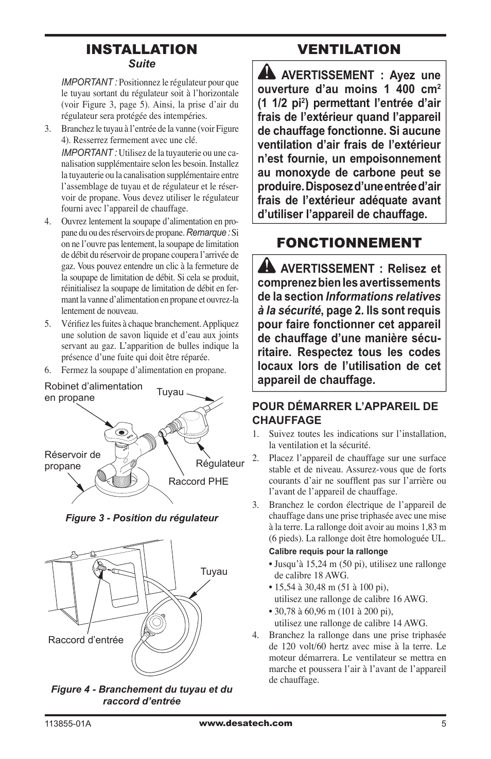 Ventilation, Fonctionnement, Installation | 1 1/2 pi | Desa RLP155AT User Manual | Page 33 / 44