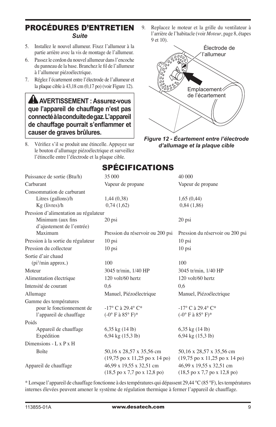 Spécifications, Procédures d’entretien | Desa RLP155AT User Manual | Page 37 / 44