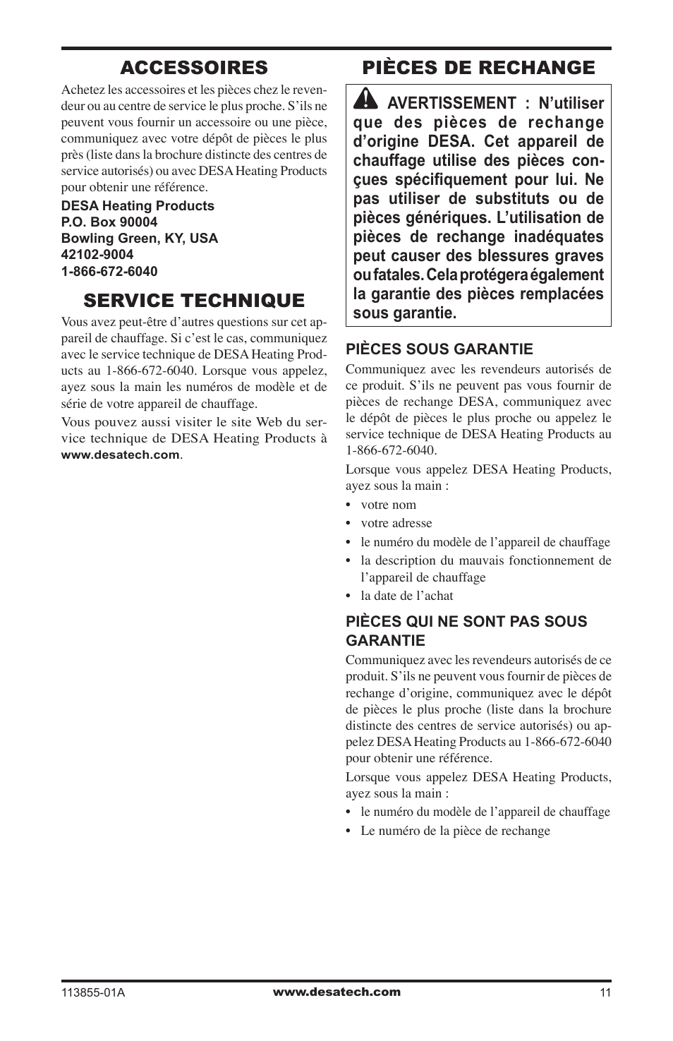 Accessoires, Service technique, Pièces de rechange | Desa RLP155AT User Manual | Page 39 / 44