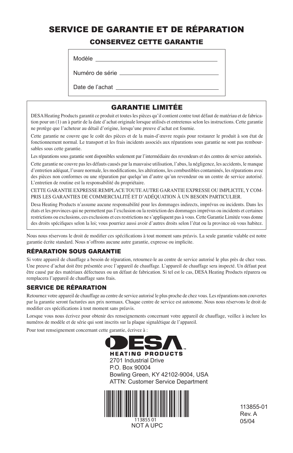 Service de garantie et de réparation, Garantie limitée, Conservez cette garantie | Desa RLP155AT User Manual | Page 44 / 44