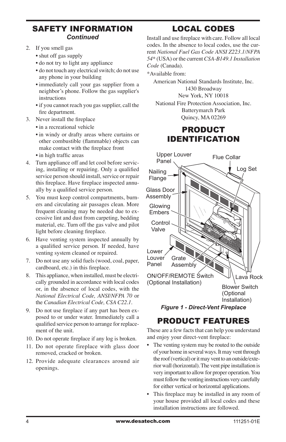 Local codes, Product identification, Product features | Safety information, Product identification product features | Desa (V)T36ENA User Manual | Page 4 / 40
