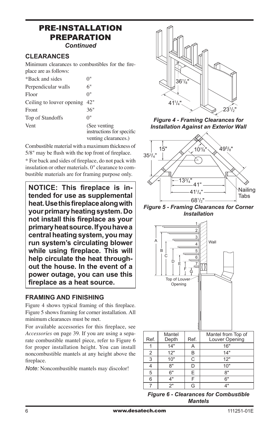 Pre-installation preparation, Continued, Clearances | Framing and finishing | Desa (V)T36ENA User Manual | Page 6 / 40