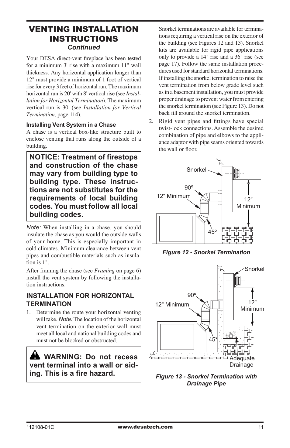 Venting installation instructions | Desa DVF36TCR User Manual | Page 11 / 36