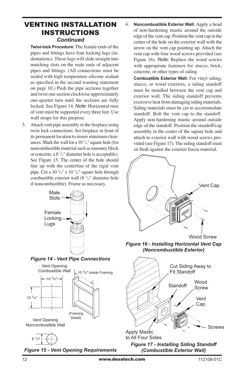 Venting installation instructions, Continued | Desa DVF36TCR User Manual | Page 12 / 36