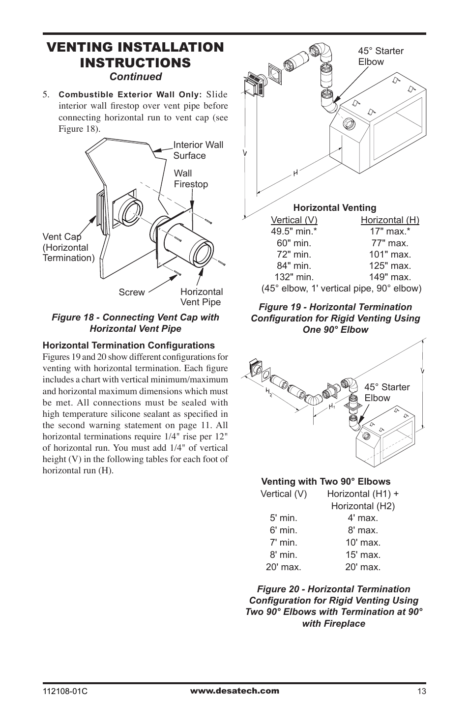 Venting installation instructions | Desa DVF36TCR User Manual | Page 13 / 36