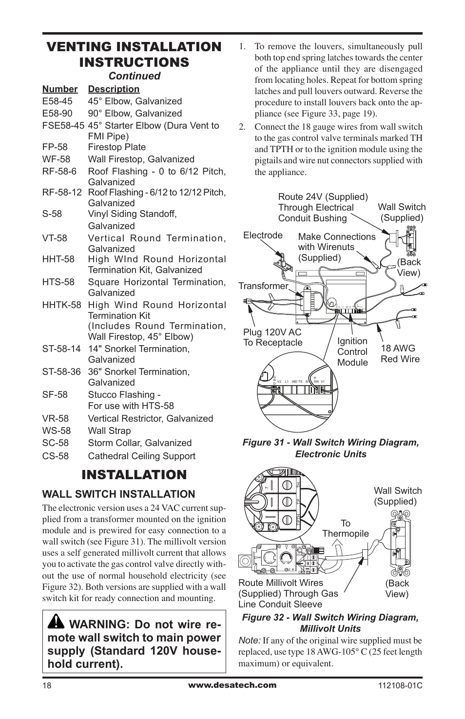 Installation, Venting installation instructions, Continued | Wall switch installation | Desa DVF36TCR User Manual | Page 18 / 36