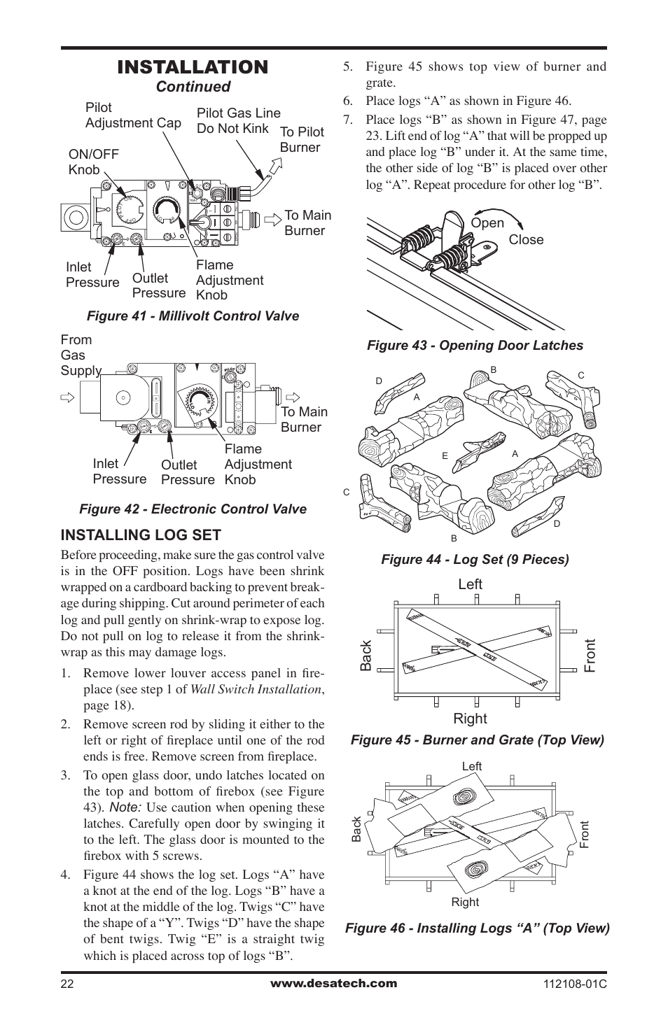 Installation, Continued, Installing log set | Left front right back, Figure 45 - burner and grate (top view) | Desa DVF36TCR User Manual | Page 22 / 36