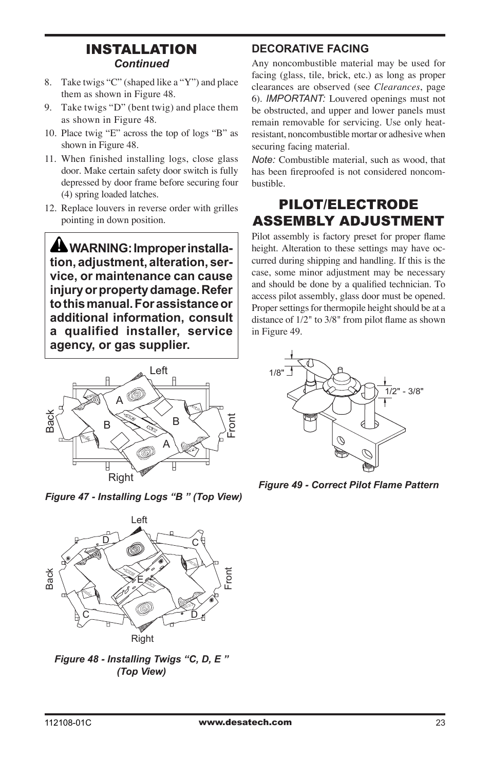 Pilot/electrode assembly adjustment, Installation | Desa DVF36TCR User Manual | Page 23 / 36