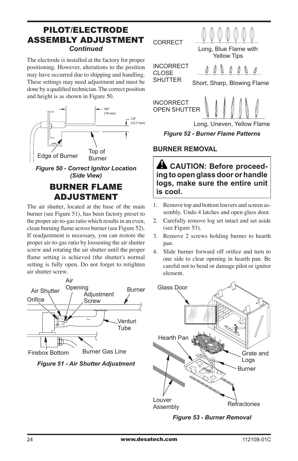Burner flame adjustment, Pilot/electrode assembly adjustment | Desa DVF36TCR User Manual | Page 24 / 36