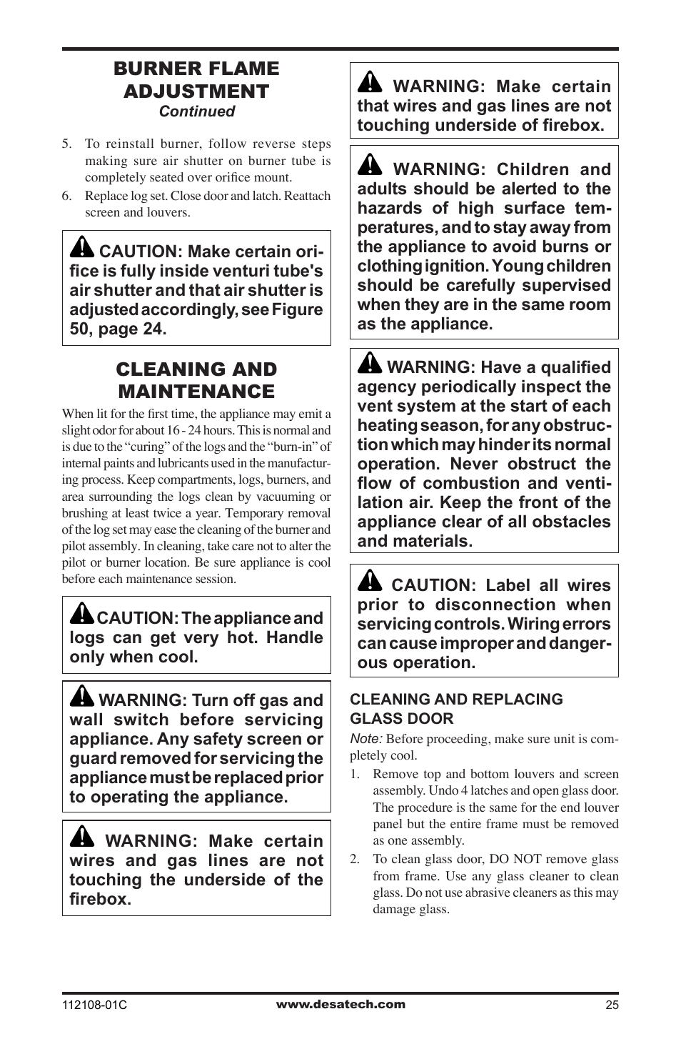 Cleaning and maintenance, Burner flame adjustment | Desa DVF36TCR User Manual | Page 25 / 36