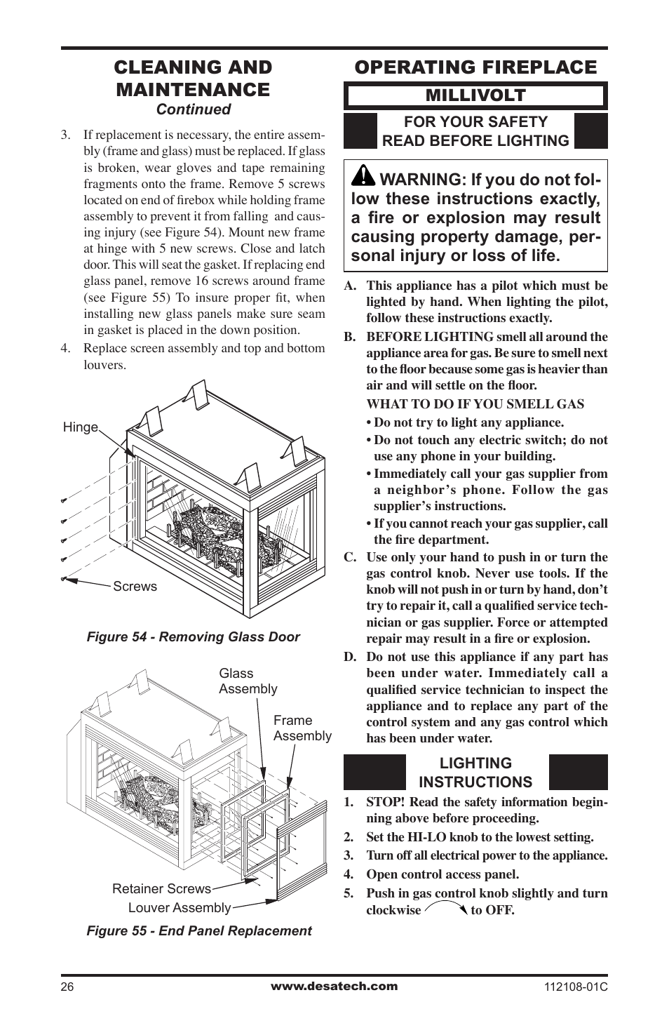 Operating fireplace, Cleaning and maintenance, Millivolt | Desa DVF36TCR User Manual | Page 26 / 36