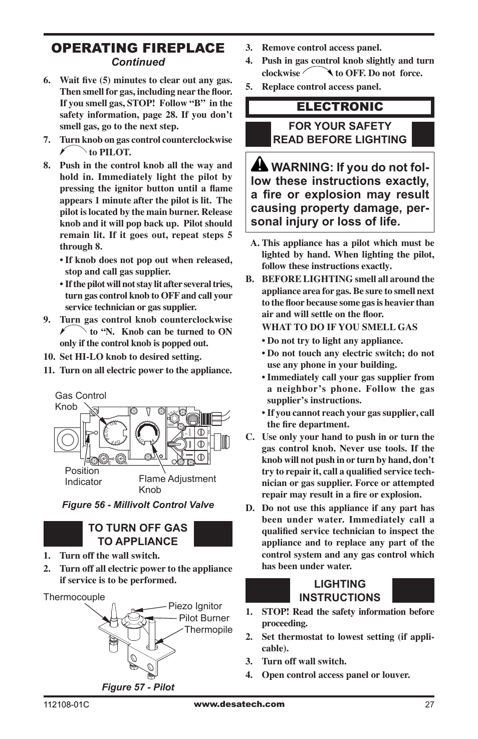 Operating fireplace, Electronic, Continued | For your safety read before lighting, Lighting instructions | Desa DVF36TCR User Manual | Page 27 / 36
