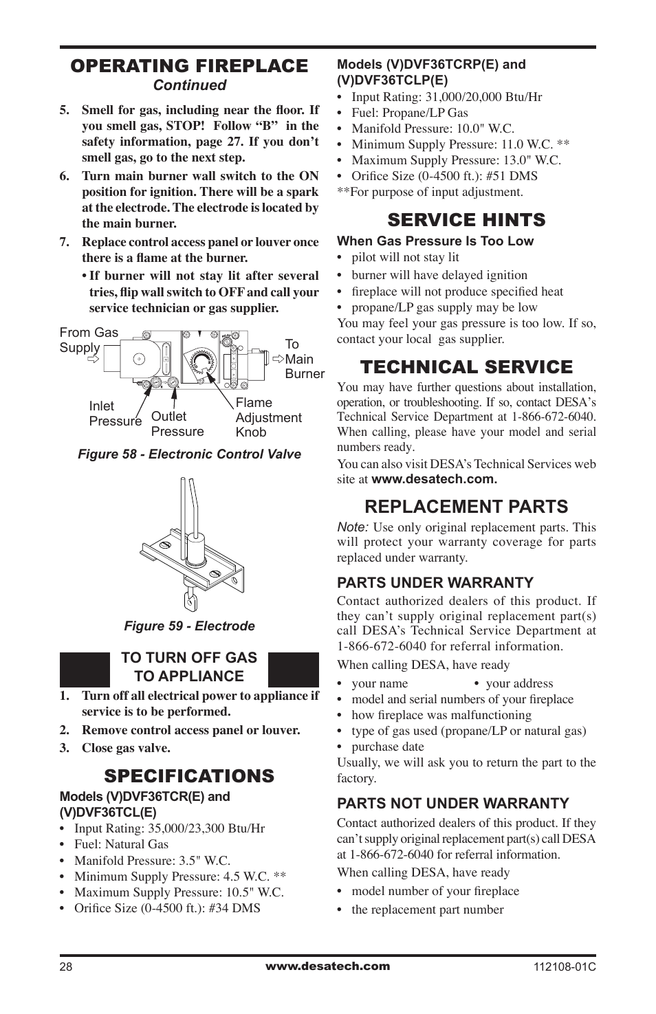 Specifications, Service hints, Technical service | Replacement parts, Operating fireplace | Desa DVF36TCR User Manual | Page 28 / 36