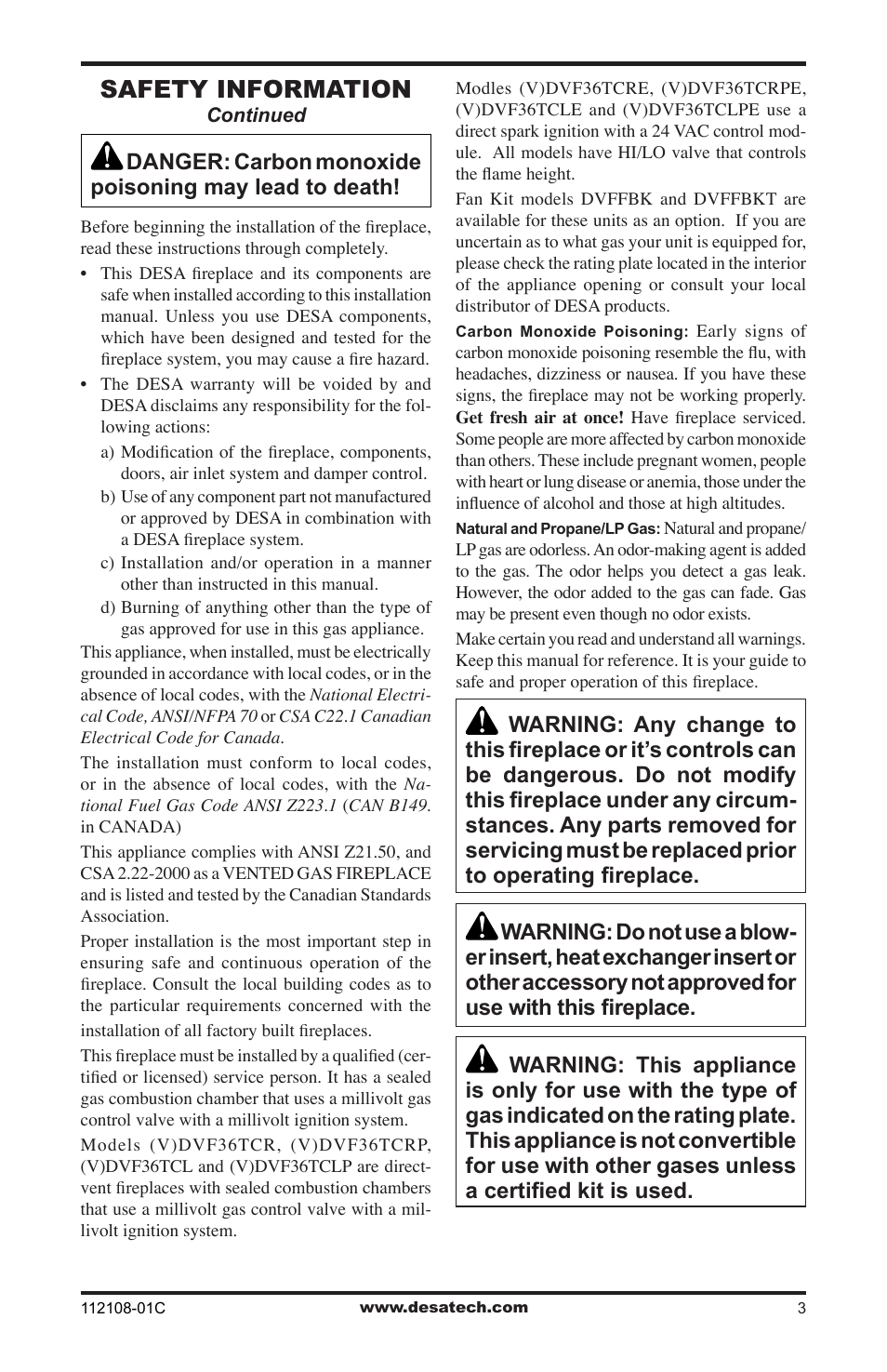 Safety information | Desa DVF36TCR User Manual | Page 3 / 36