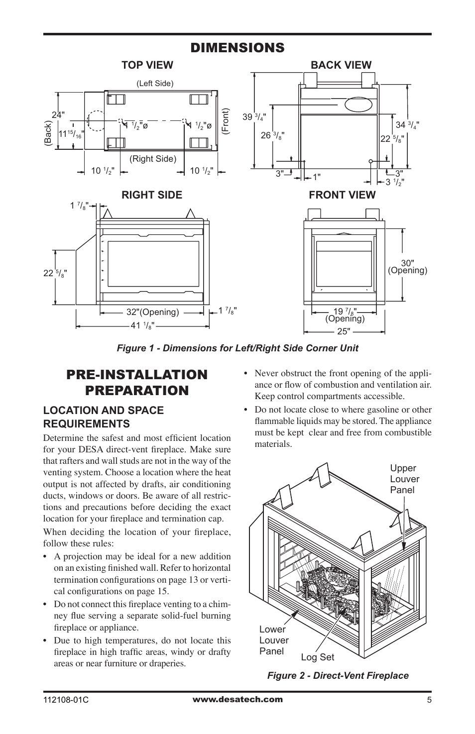 Dimensions, Pre-installation preparation, Front view | Right side, Back view top view, Location and space requirements | Desa DVF36TCR User Manual | Page 5 / 36