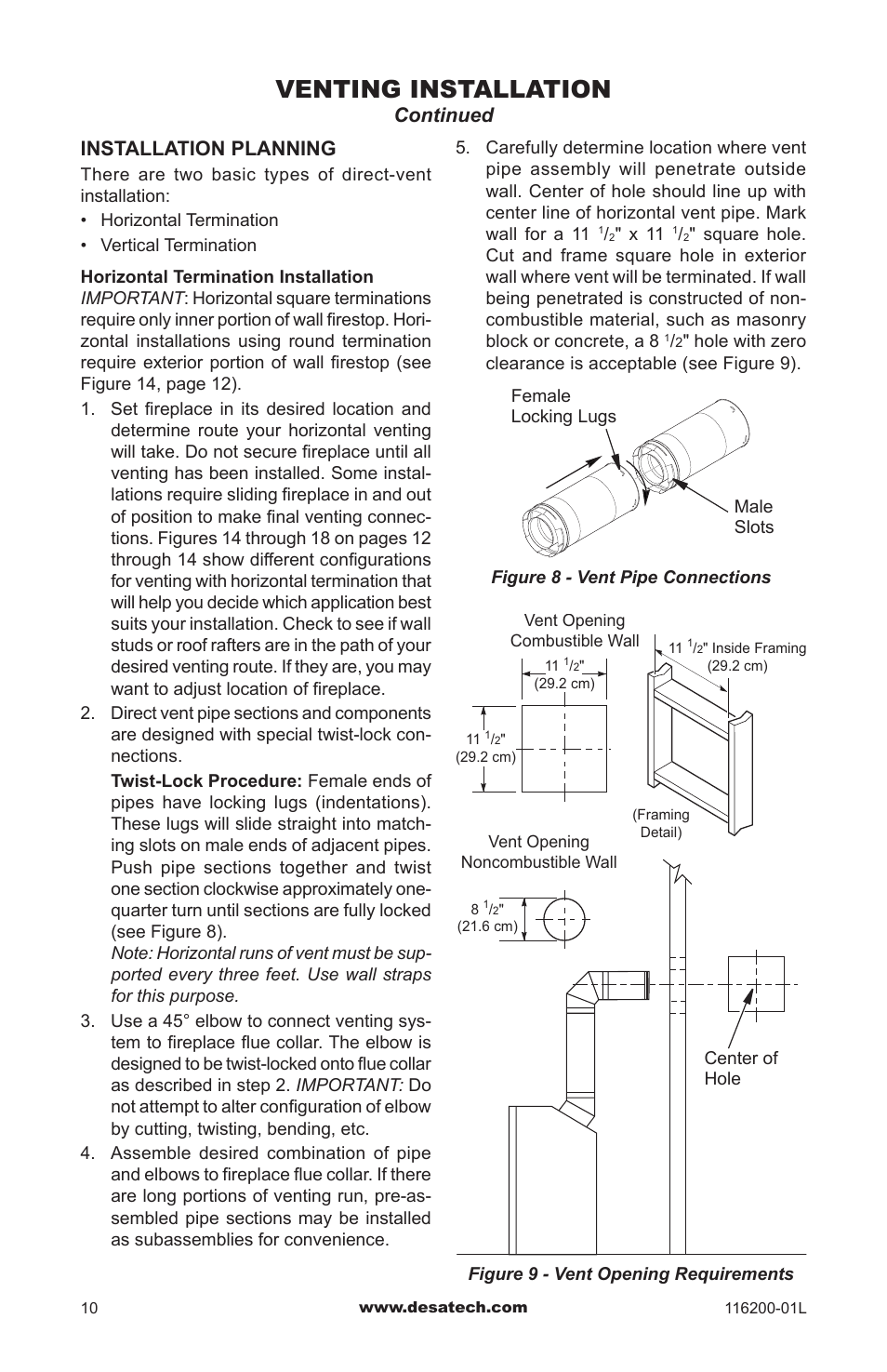 Venting installation, Installation planning, Continued | Desa CGCDV36PR User Manual | Page 10 / 44