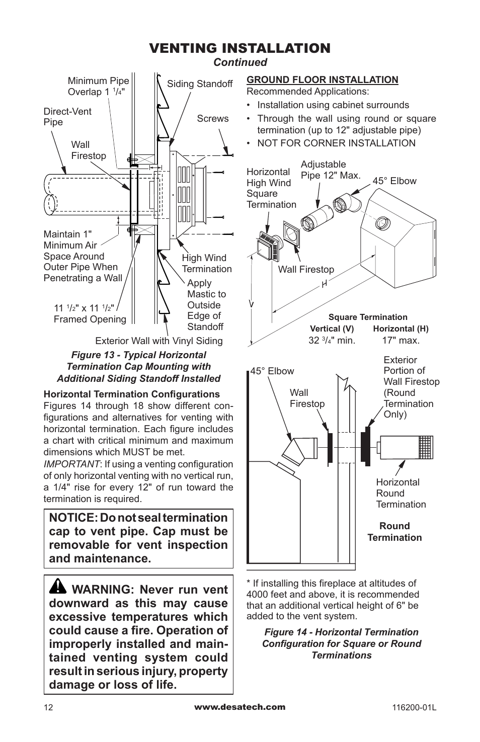Venting installation | Desa CGCDV36PR User Manual | Page 12 / 44