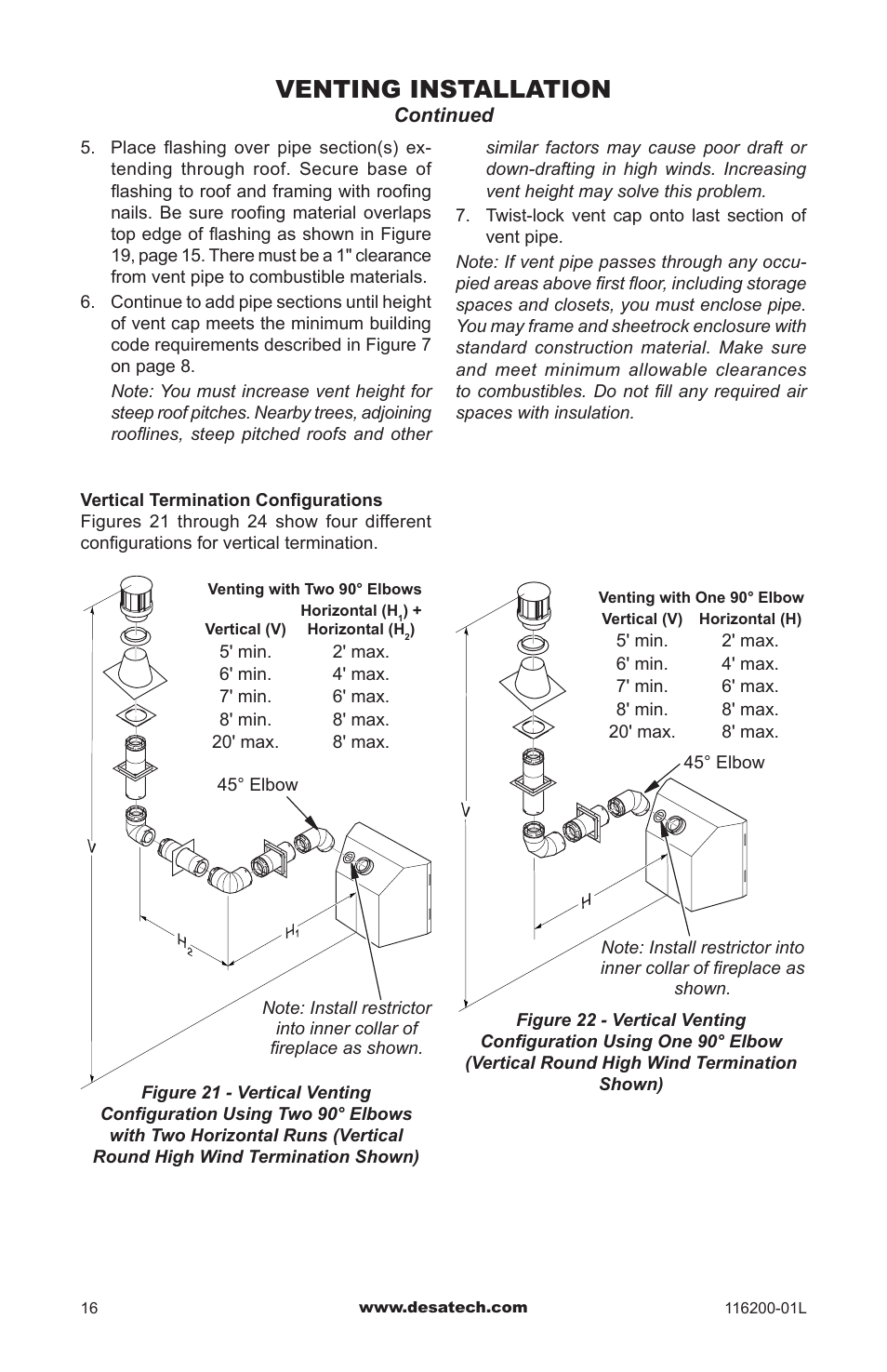 Venting installation | Desa CGCDV36PR User Manual | Page 16 / 44