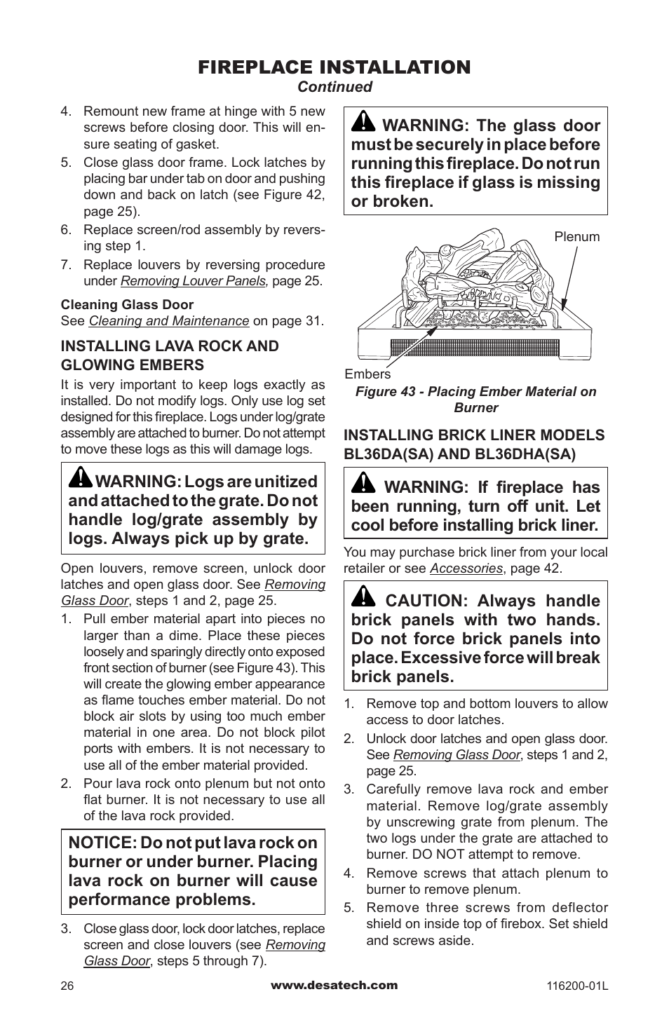 Fireplace installation | Desa CGCDV36PR User Manual | Page 26 / 44