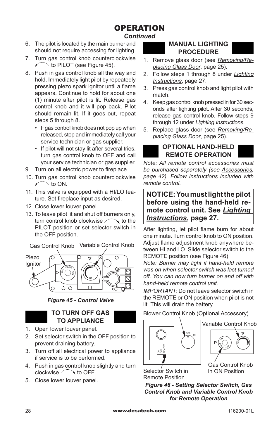 Operation, Continued, Manual lighting procedure | Optional hand-held remote operation | Desa CGCDV36PR User Manual | Page 28 / 44