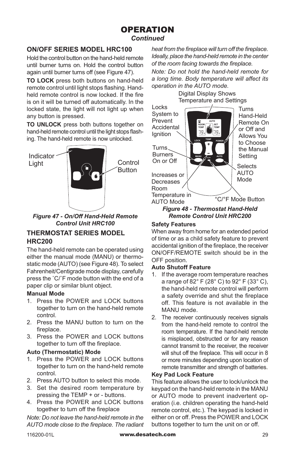 Operation, Continued on/off series model hrc100 | Desa CGCDV36PR User Manual | Page 29 / 44