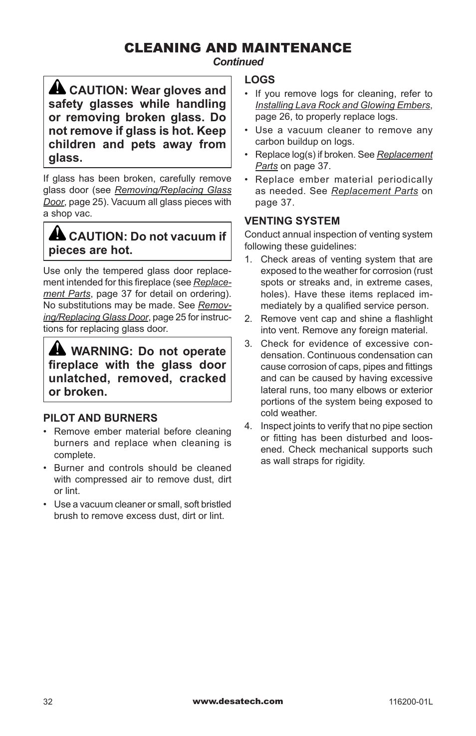 Cleaning and maintenance, Caution: do not vacuum if pieces are hot | Desa CGCDV36PR User Manual | Page 32 / 44