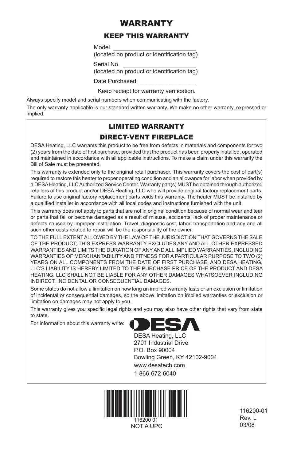 Warranty | Desa CGCDV36PR User Manual | Page 44 / 44