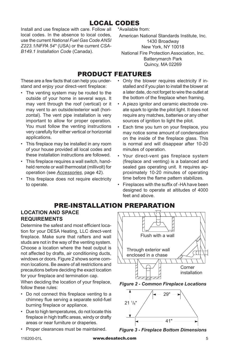 Local codes, Product features, Pre-installation preparation | Pre-installation preparation local codes | Desa CGCDV36PR User Manual | Page 5 / 44