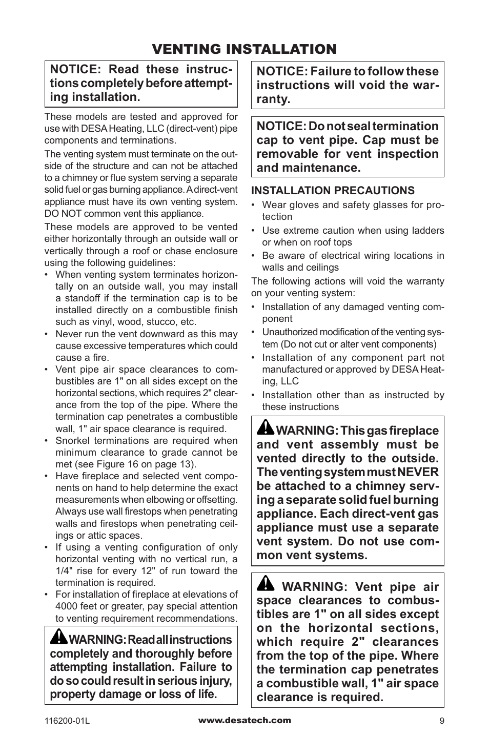 Venting installation | Desa CGCDV36PR User Manual | Page 9 / 44