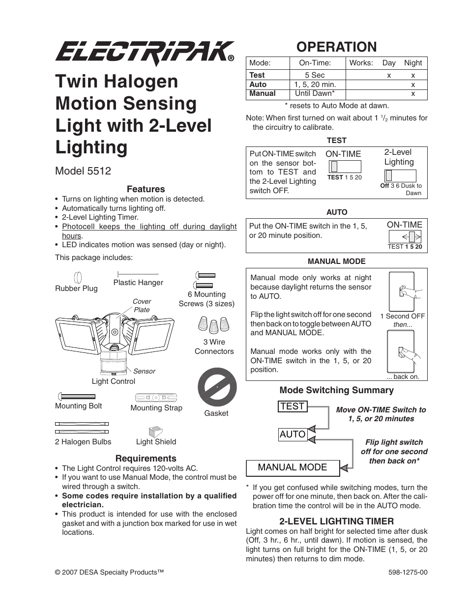 Desa Twin Halogen Motion Sensing Light with 2-Level Lighting 5512 User Manual | 8 pages