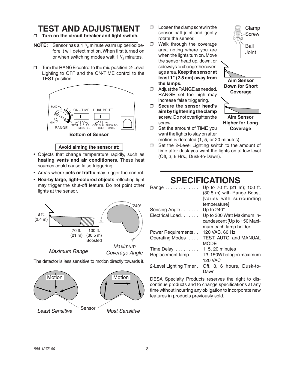 Specifications, Test and adjustment | Desa Twin Halogen Motion Sensing Light with 2-Level Lighting 5512 User Manual | Page 3 / 8