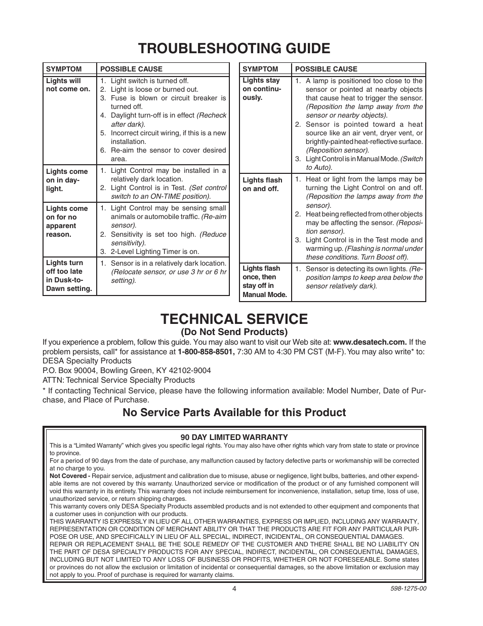 Troubleshooting guide technical service, No service parts available for this product | Desa Twin Halogen Motion Sensing Light with 2-Level Lighting 5512 User Manual | Page 4 / 8